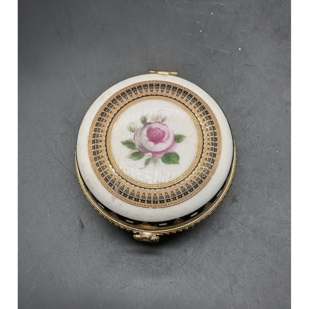 Vintage Porcelain Trinket Box Hand Painted Rose Gold Filigree Hinged Pill Case